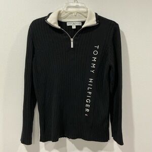 Vintage Tommy Hilfiger Sweater Womens 1X  Black VTG 1/4 Zip Tall Neck Y2K Prep